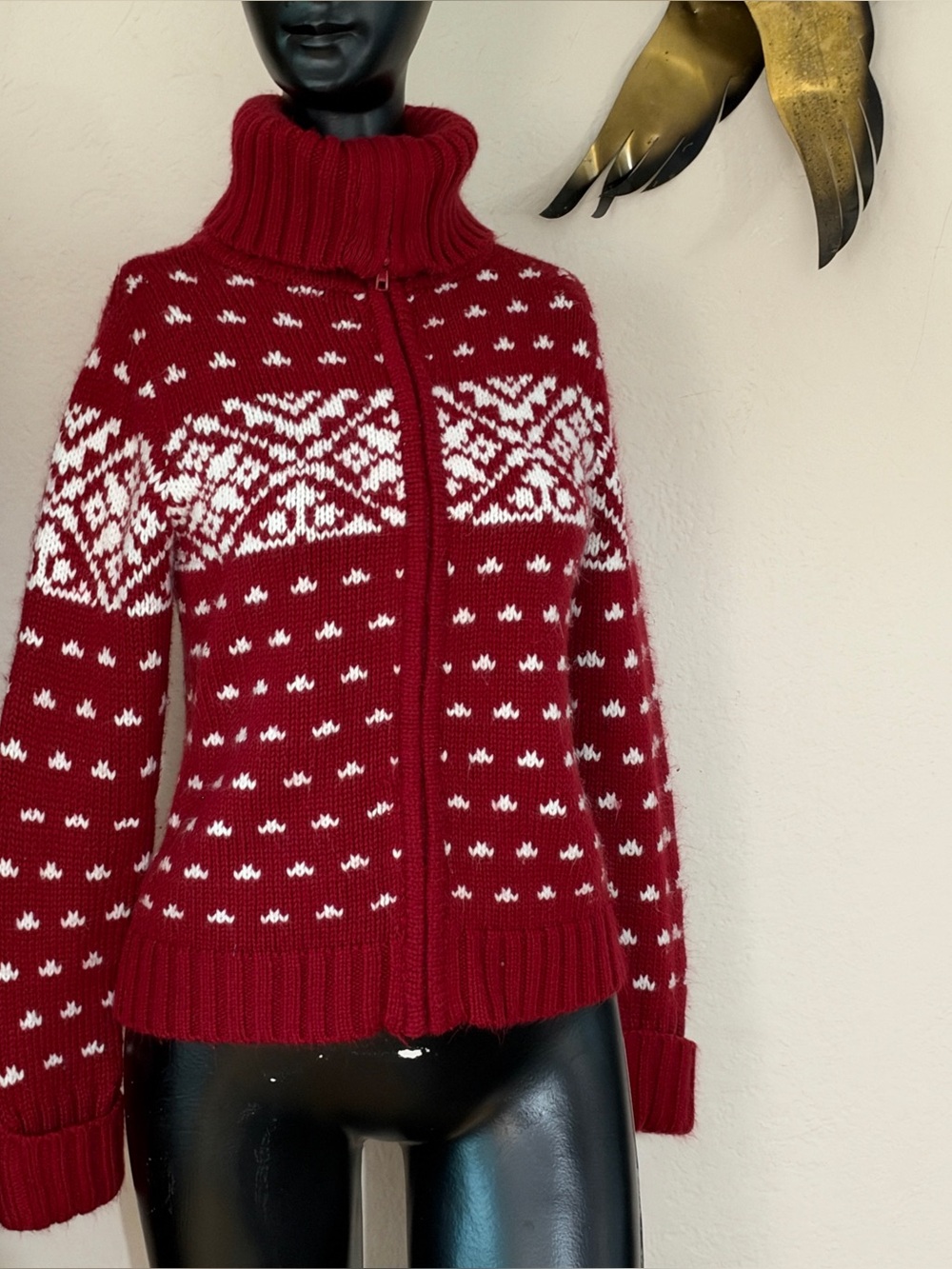 Alexandra Bartlett Red Fair Isle Zip-Front Women's Sweater